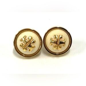 Gold Emblem Tory Burch Faux Pearl Button Earrings in Cream